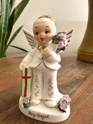 Napco May Angel Boy Figurine 1956 Vintage with Flowers and Gift A1921
