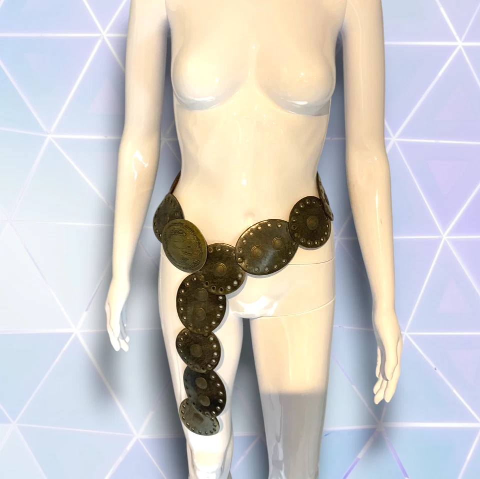 Cinturón Vaquera Occidental Vintage Y2K Cuero Vegano Marrón Pulido Círculo Ancho Foto 4 de 4