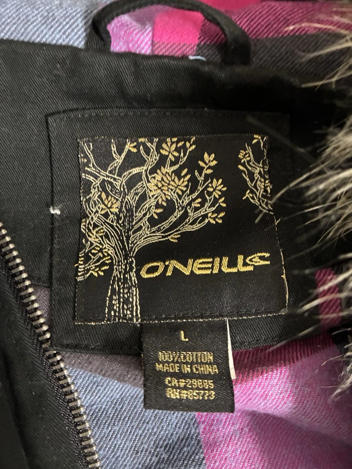 Nueva chaqueta parka forrada a cuadros con capucha de piel sintética negra L de O’Neill para mujer. 100% algodón Foto 4 de 4