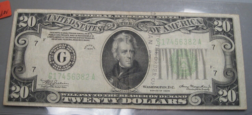 Fancy Serial Number: Mixed Ladder. 1934 Light Green $20 FRN Note. G17456382A.