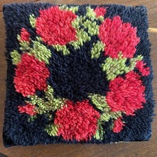 Vintage Latch Hook Roses Pillow MCM Retro 15  x 16" Hooked Pillow Red Black