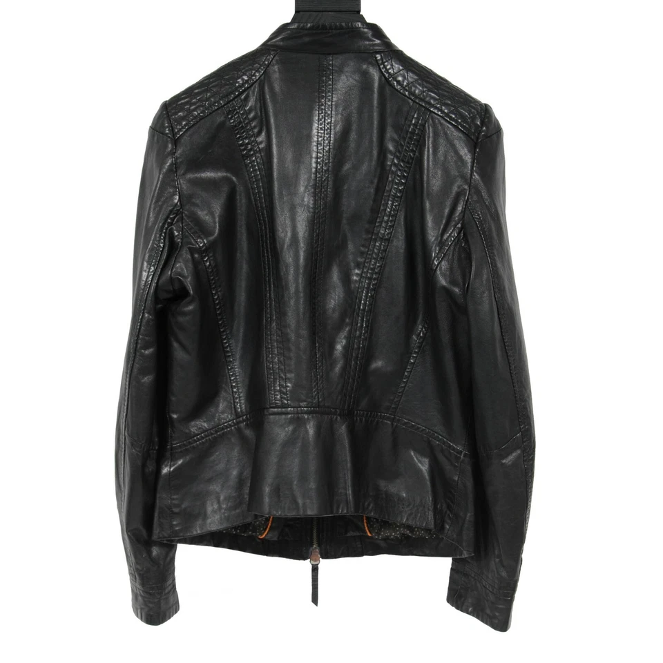 Hugo Boss Orange Biker Jacket 40 US 4 Black Leather Motorcycle Collarless  - Image 2 of 4