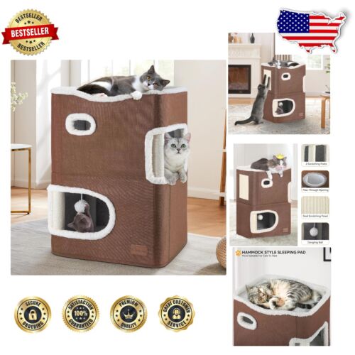 YIATHOME 2-Tier Cat House with Scratch Post & Hideaway Cave for Playful Kittens