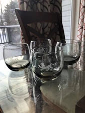 Vintage Set of 4 Smoke Tinted Roly Poly Dragon Etched Glasses