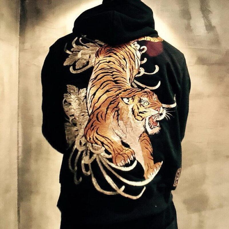 Mens Jacket Hoodie Japanese Pattern Embroidery Tiger Hooded