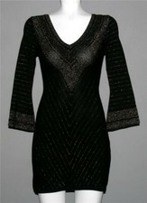 GUESS Gold Metallic Threading Bell Sleeves Fitted Flare Black Dress Wm's S EXC