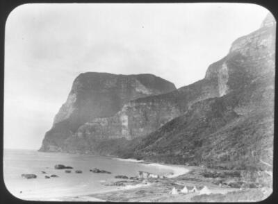 Lord Howe Island Four tents on a beach near high rocky cliffs Lord - Old Photo