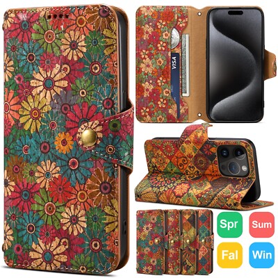 For iPhone 17 16/15/14 Plus 13/12/11 Pro Max Flower Pattern Leather Wallet Case