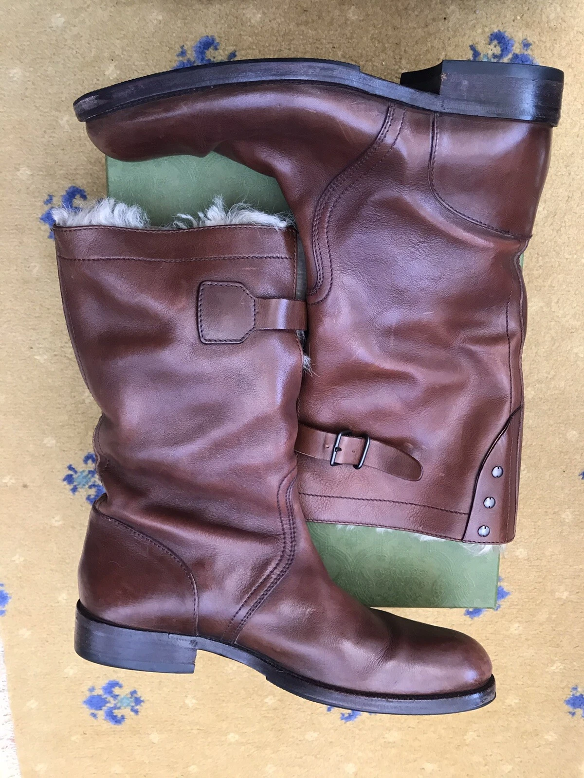 Gucci Bottes Chaussures Shearling Cuir Équitation Combat Marron Homme UK 6,5 US 7,5 40,5