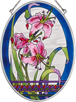 LAST ONE Amia Pink Flowers Lilies Painted Glass Medium Oval Suncatcher FREE SHIP