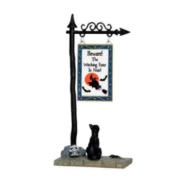 LEMAX SPOOKY TOWN THE WITCHING HOUR STREET POST AND SIGN BLACK CAT SKULL #34620