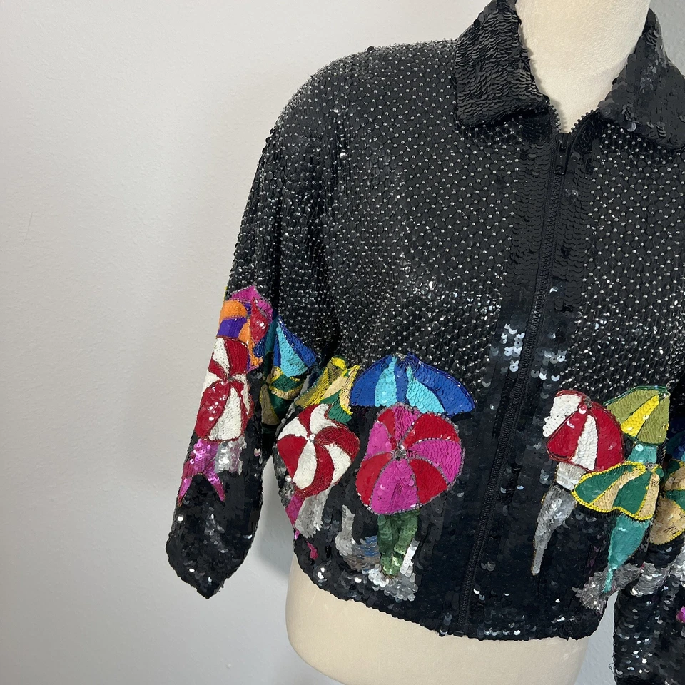 Chaqueta Temática Paraguas Adornada Lentejuelas Completas Cache Años 80 De Colección Mediana Italia Foto 3 de 4