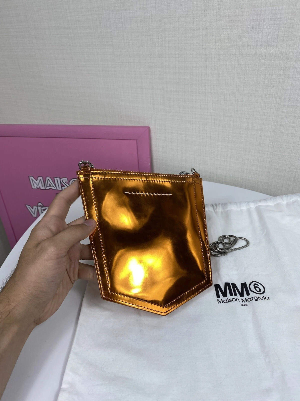 MAISON MARGIELA Casa Margiela MM6 Borsa Vinile Tasca Mini Borsa A Frizione Catena Metallica Arancione