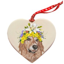 Golden Retriever Porcelain Floral Heart Ornament Double-Sided