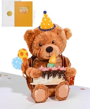 3D Teddy Bear Themed Pop Up Birthday Card with Envelope & Blank Notecard