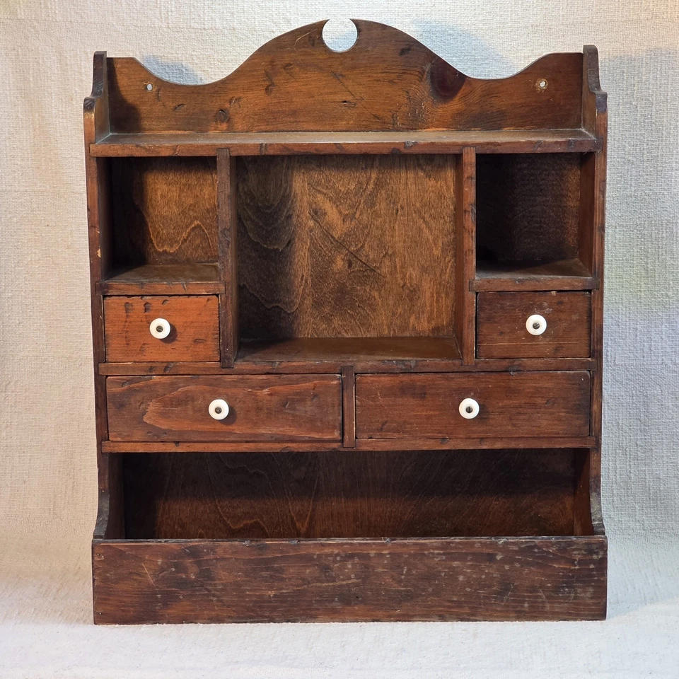 Antiguo gabinete de madera de colección estante de especias cajones boticario pared primitiva Mt 18"x21" Foto 2 de 4