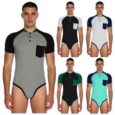 Men Workout Gym One Piece Leotard Button Down Short Sleeve Bodysuit Nightwear 