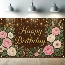 Starlit Patio Rustic Wood Floral Birthday Backdrop Banner Pink Flower Wooden Hap