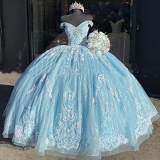 Sky Blue Lace Applique Glitter Quinceanera Dress Off Shoulder Sweet 16 Ball Gown