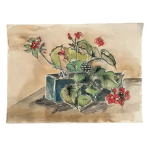 Original Watercolor, Black Ink & Gouache Still Life Painting Signed
