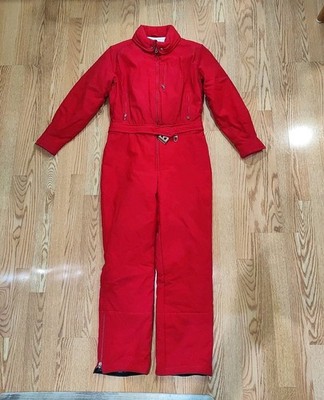 Vintage 80s Bogner Quilted Ski Suit Jumpsuit One Piece Womens 16 Red Ski Wear