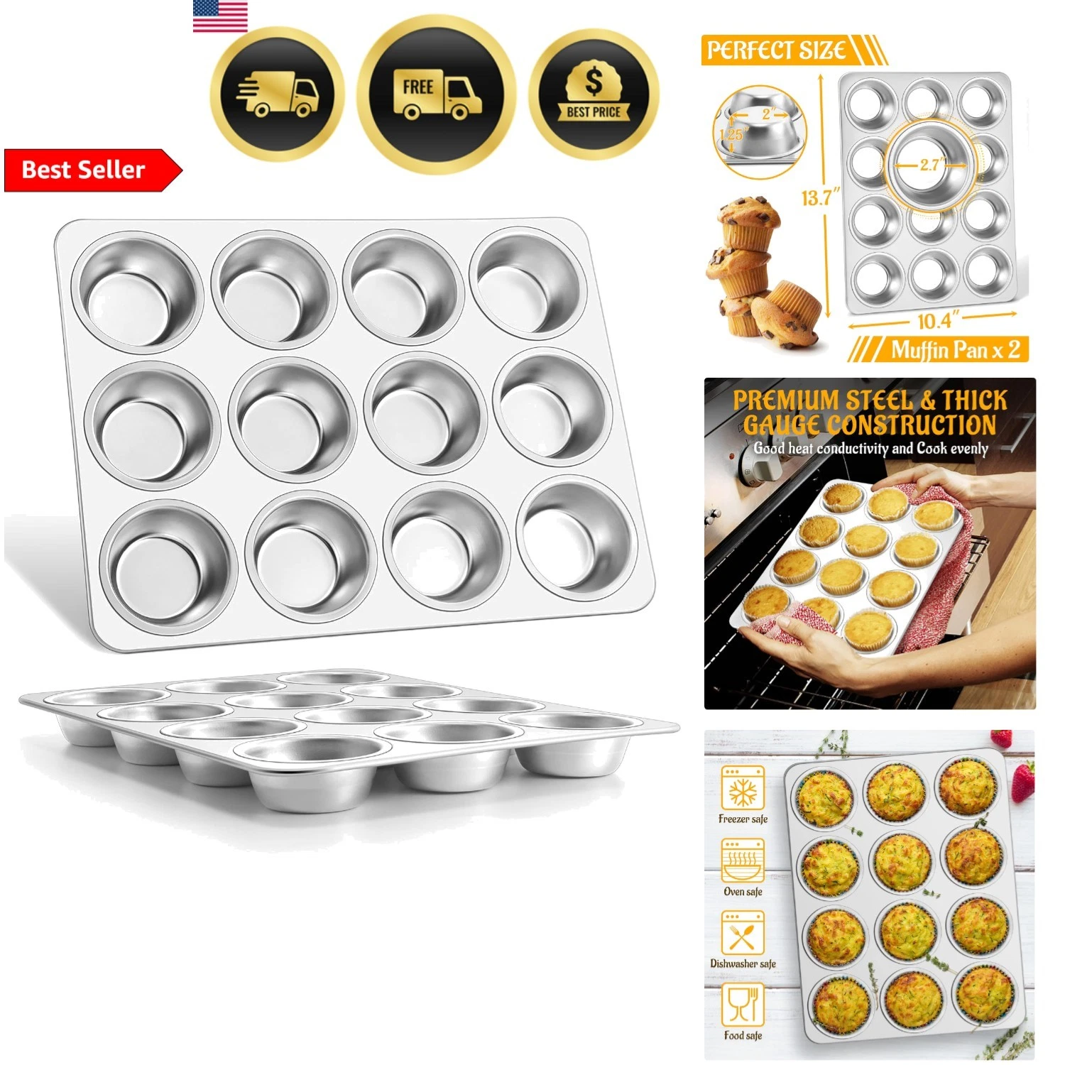Muffin Pan 12-Cup, Set of 2, Stainless Steel Cupcake Pan Metal Muffin Baking ...
Opens in a new wind
