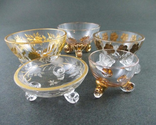 5 pcs - Crystal & GOLD - Triple Toe, Footed OPEN SALT Dips - 3 w/etched Flowers - Picture 14 of 14