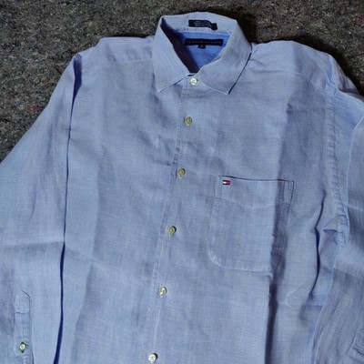 Vintage Tommy Hilfiger Mens Medium Blue 100% Linen Long Sleeve Button Down Shirt
