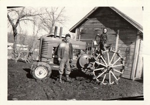 Vintage Photo 1940 John Deere Tractor Spiked Wheels Father Son IDd Rural MA USA