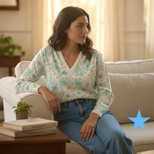 Givenchy Sport Vintage 70s Women  s Spring Acrylic Cream Sweater Sz M Aqua Flower