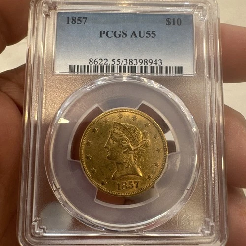 1857 Ten Dollar $10 Liberty Gold Eagle Coin PCGS Au55