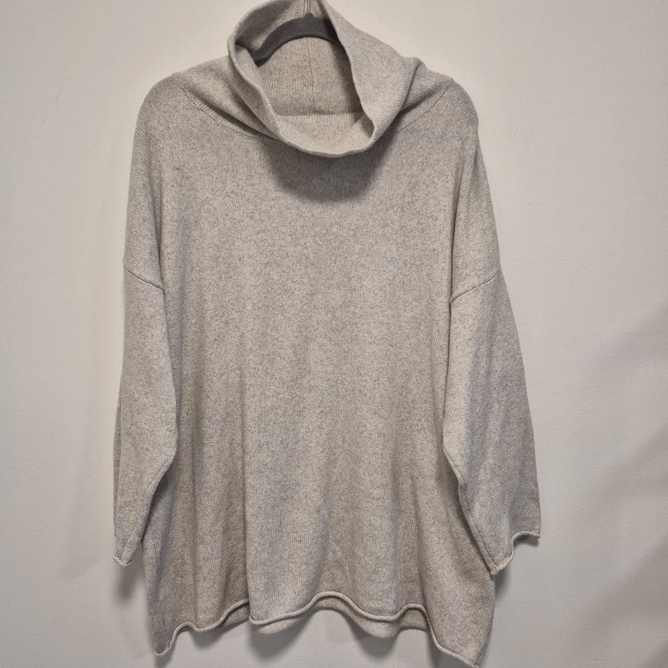 Suéter Eileen Fisher tamanho grande gola funil algodão cashmere mistura bege tamanho 1X - Imagem 3 de 4