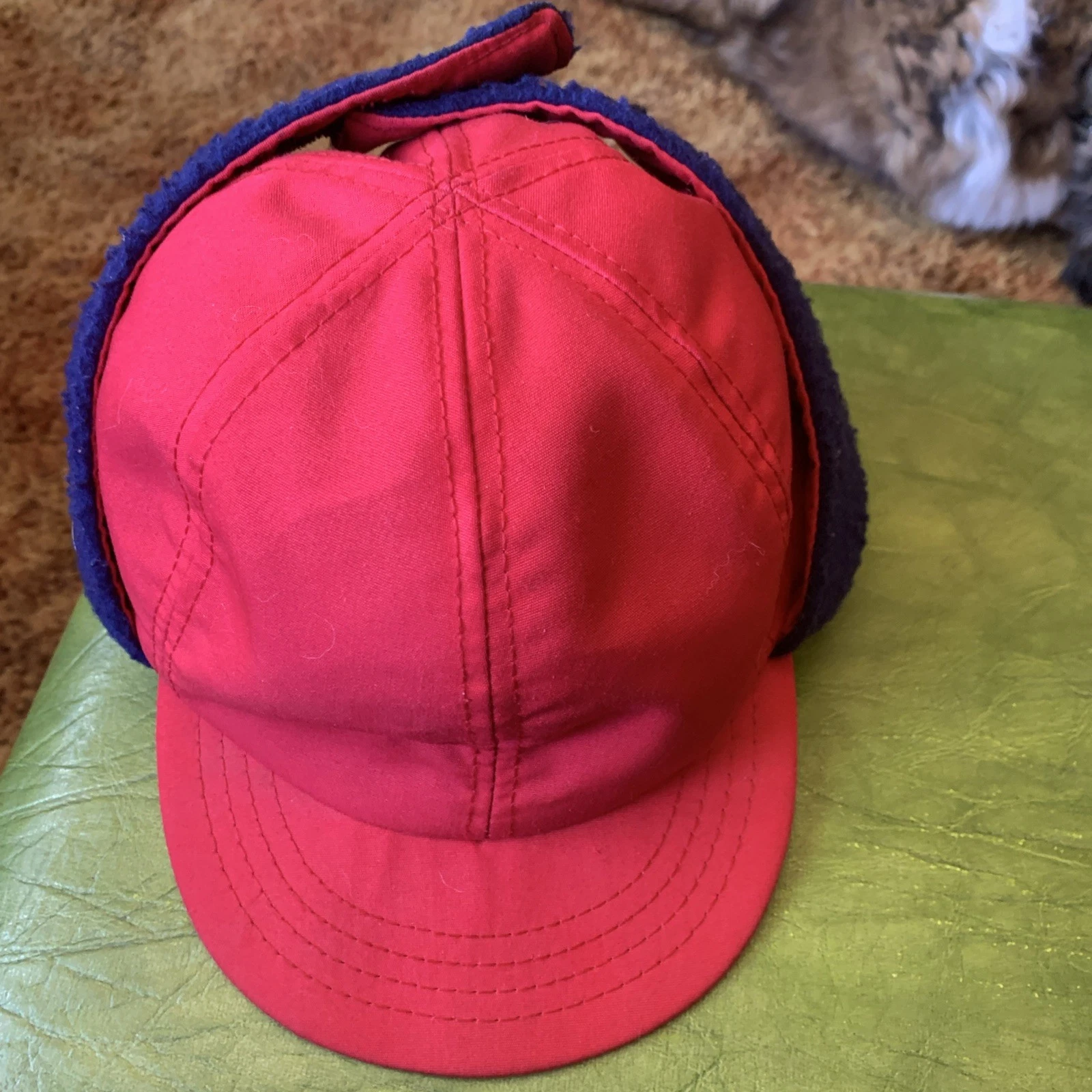 Vintage P Cap USA Fleece Therrmal Insulation Red Blue long Ear Flaps Hat Medium
