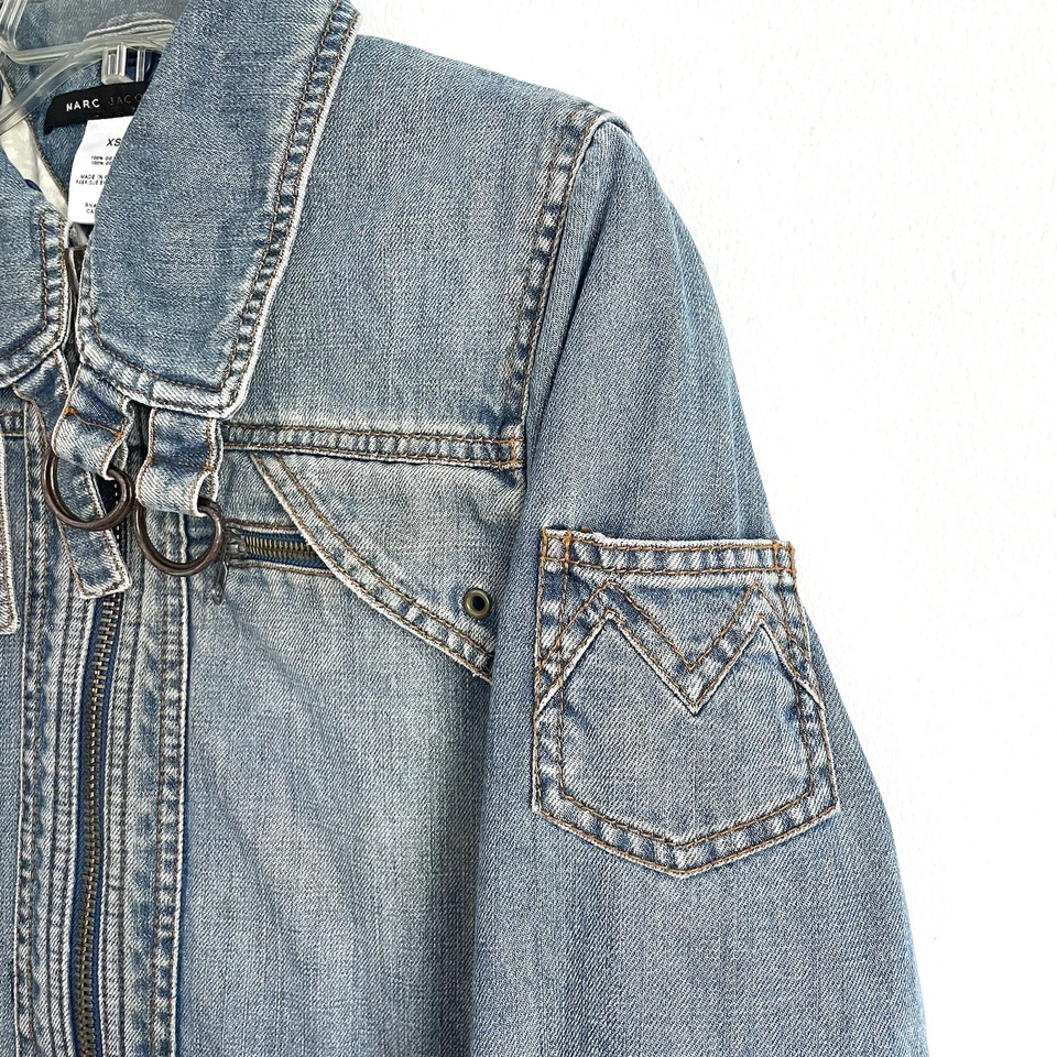 Vintage 90s MARC JACOBS Sz XS Blue Denim Jean Military Utility Jacket Y2K - Image 3 of 4