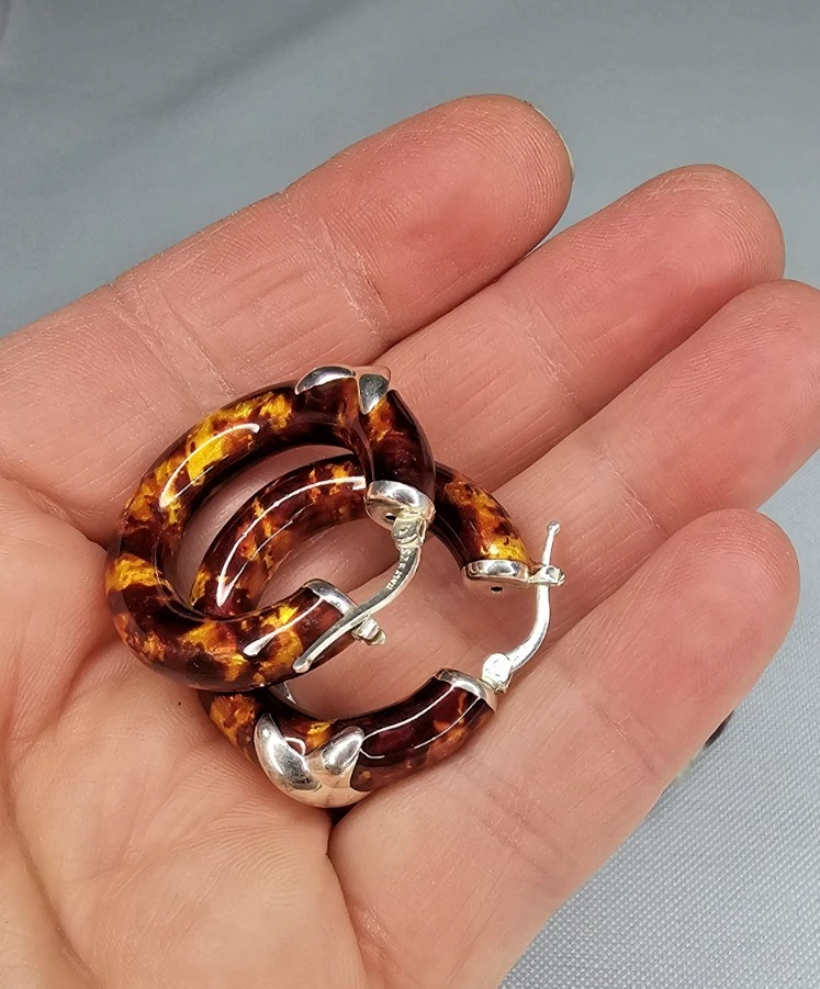 Pulsera y pendientes vintage Milor Italia plata esterlina 925 esmalte tortuga tubo Foto 3 de 4