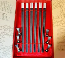 Shanghai  Chinese Chopstick Set Rest Black Silver  Cutlery 6 pair