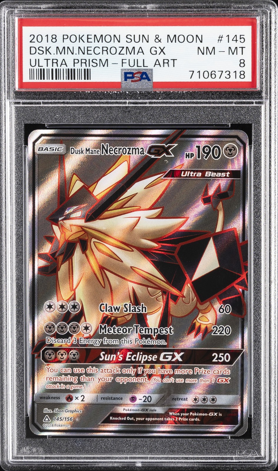 2018 POKEMON SUN & MOON ULTRA PRISM #145 FULL ART/DUSK MANE NECROZMA GX PSA 8