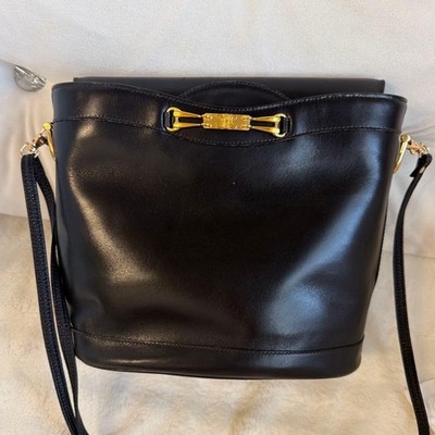 Celine Triomphe Bucket Shoulder Bag Black Leather Gold Vintage USED #HC