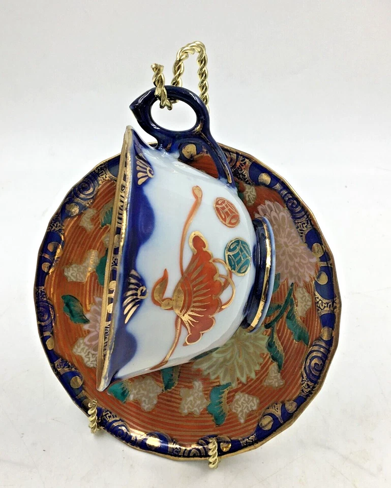 Taza/platillo dorado pintado a mano multicolor crisantemo porcelana Kutani Meiji de colección Foto 2 de 4