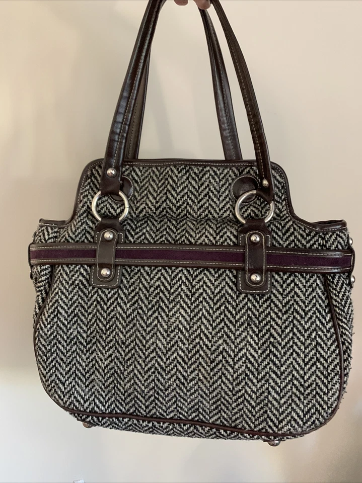 Bolsa de mão Apt 9 preta branca lã espinha de peixe marrom roxo acabamento outono - Imagem 4 de 4