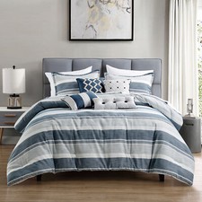 7-Piece Navy White Modern Striped Bedding Set Yarn Dyed Jacquard Comforter Set