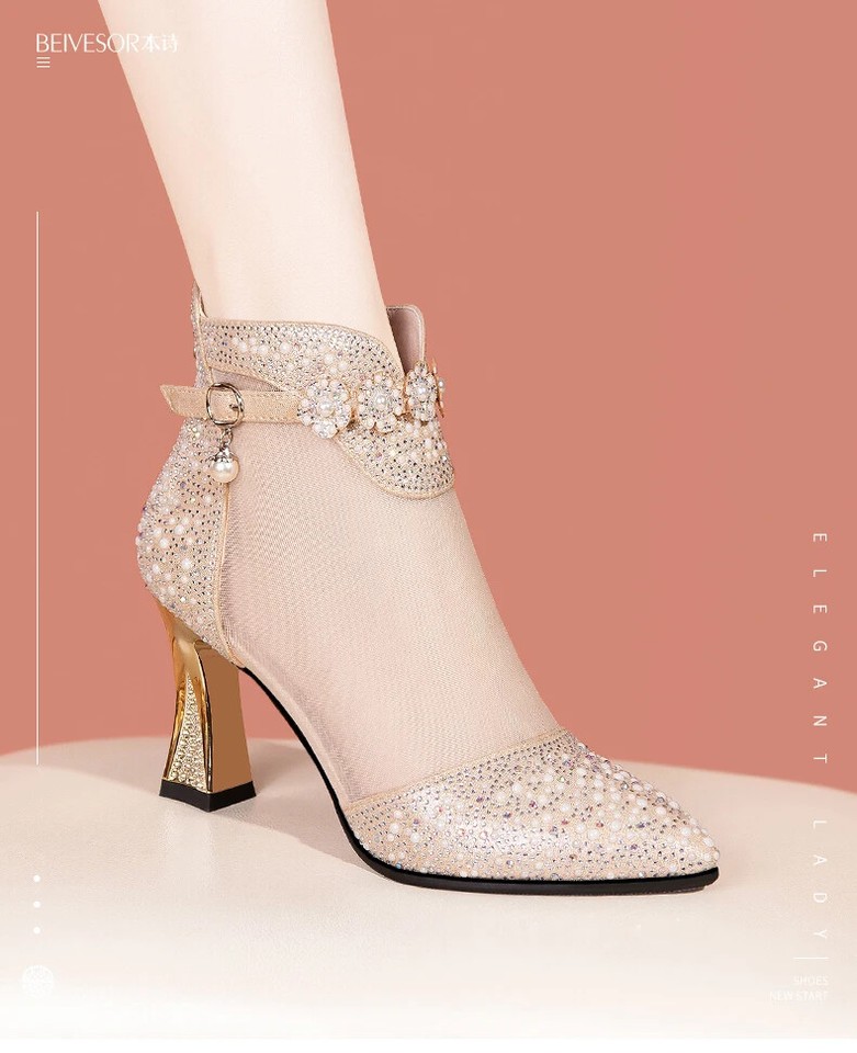 MOTF PREMIUM WOMEN'S FASHION MESH RHINESTONE BACKLESS POINTED TOE HIGH HEEL