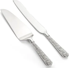 2 PCS Wedding Cake Knife and Server Set, Silver Cake Cutting Set, Vintage Eng...