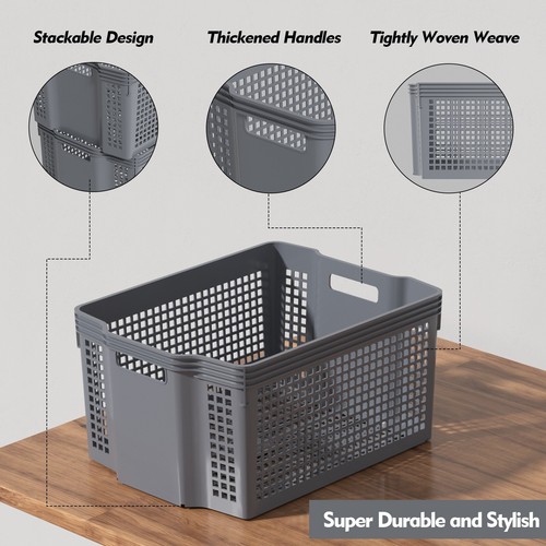 12-Pack Large Storage Basket, Stacking Plastic Rectangle Storage Bin, Gray - Picture 2 of 11