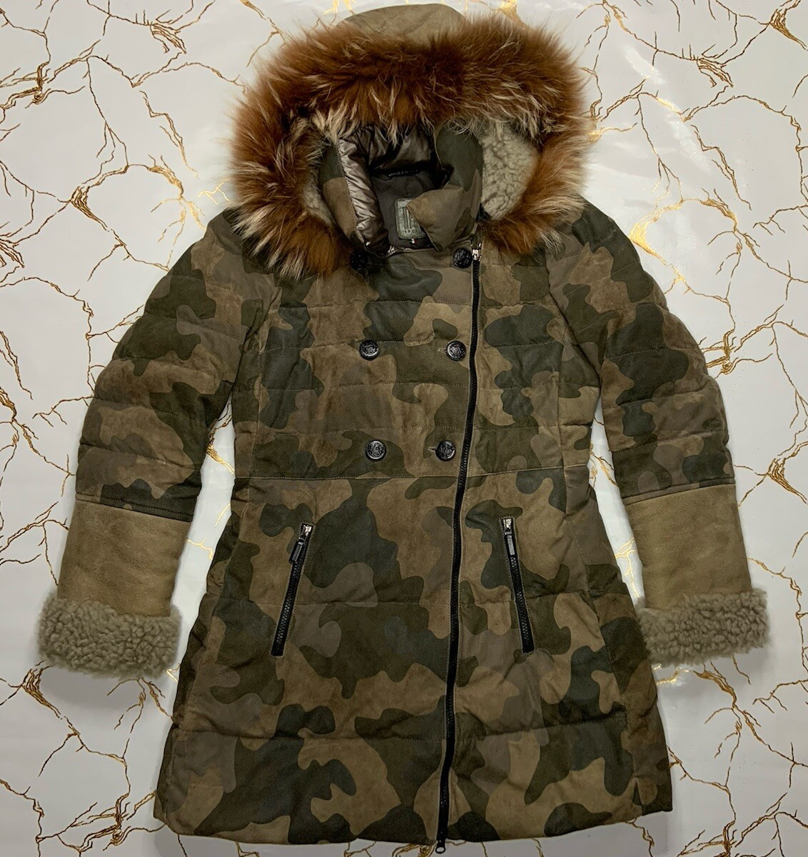 AFG 1972 Women Camouflage Real Down Leather Hooded Coat Jacket Parka Size S  M 44
