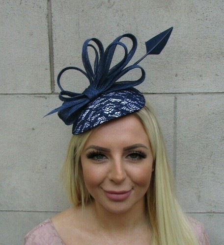 Fascinator Lace Feather Hat Navy Blue 