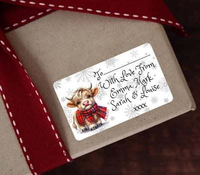 Personalised Christmas Stickers Highland Cow Gift Present Labels x 21