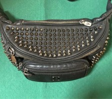 MCM Sling Bag Spike Studs Leather Black Crossbody Waist Bag Used