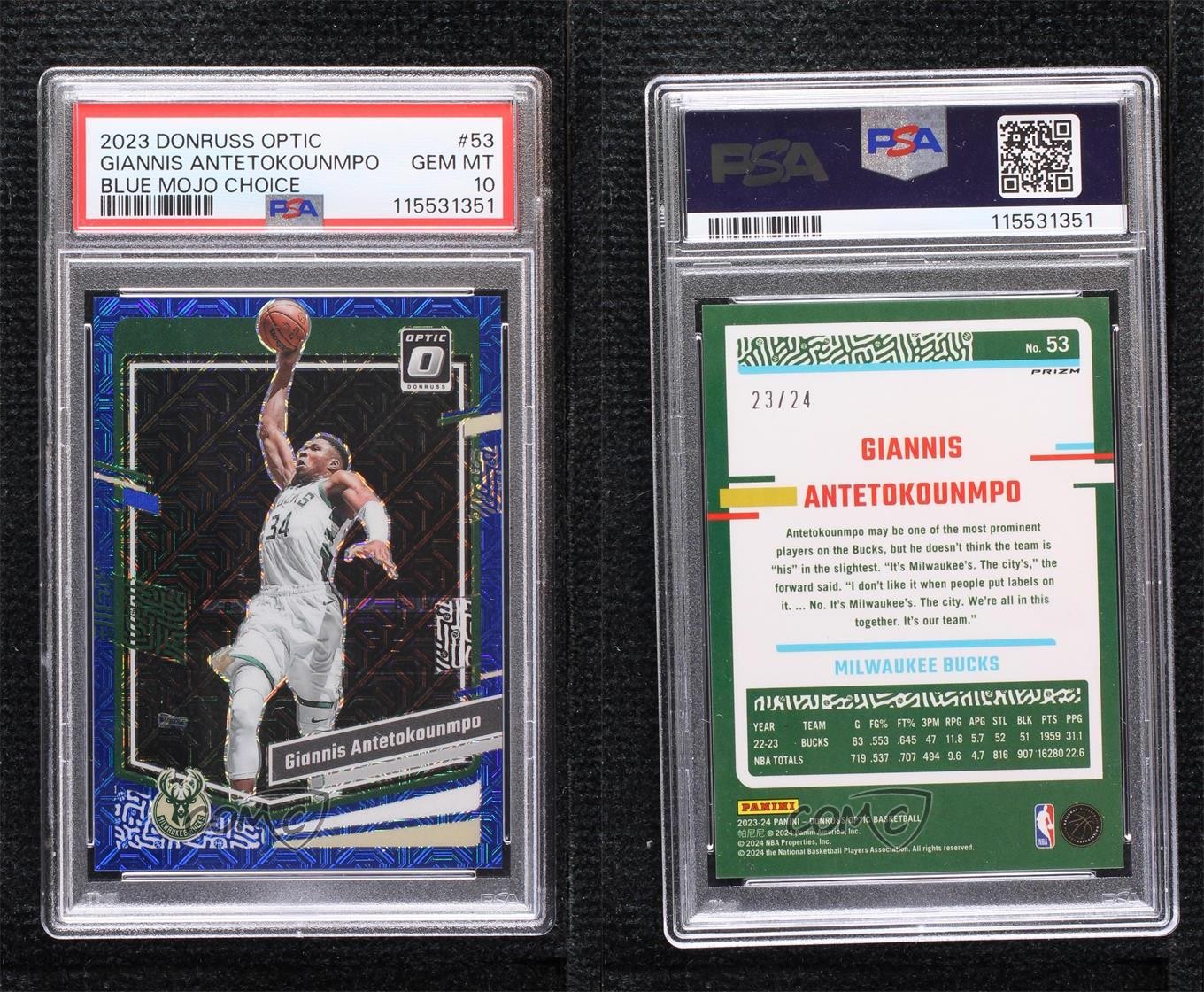 2023 Donruss Optic Choice Blue Mojo Prizm 23/24 Giannis Antetokounmpo #53 PSA 10 view 3