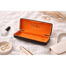 Cole Haan Black Woven Textured Hard Shell Eyeglass Case Orange Interior